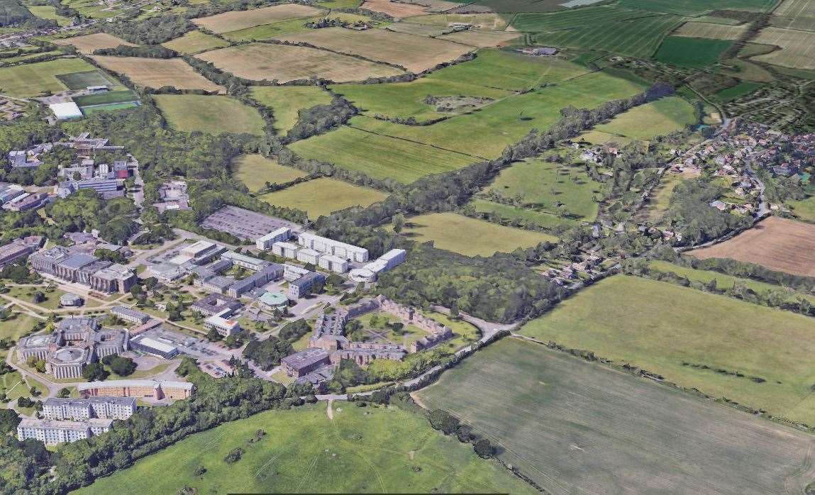 Land to the north of the University of Kent's Canterbury campus has been earmarked for a 2,000-home 'rural settlement. Pic: Google Earth