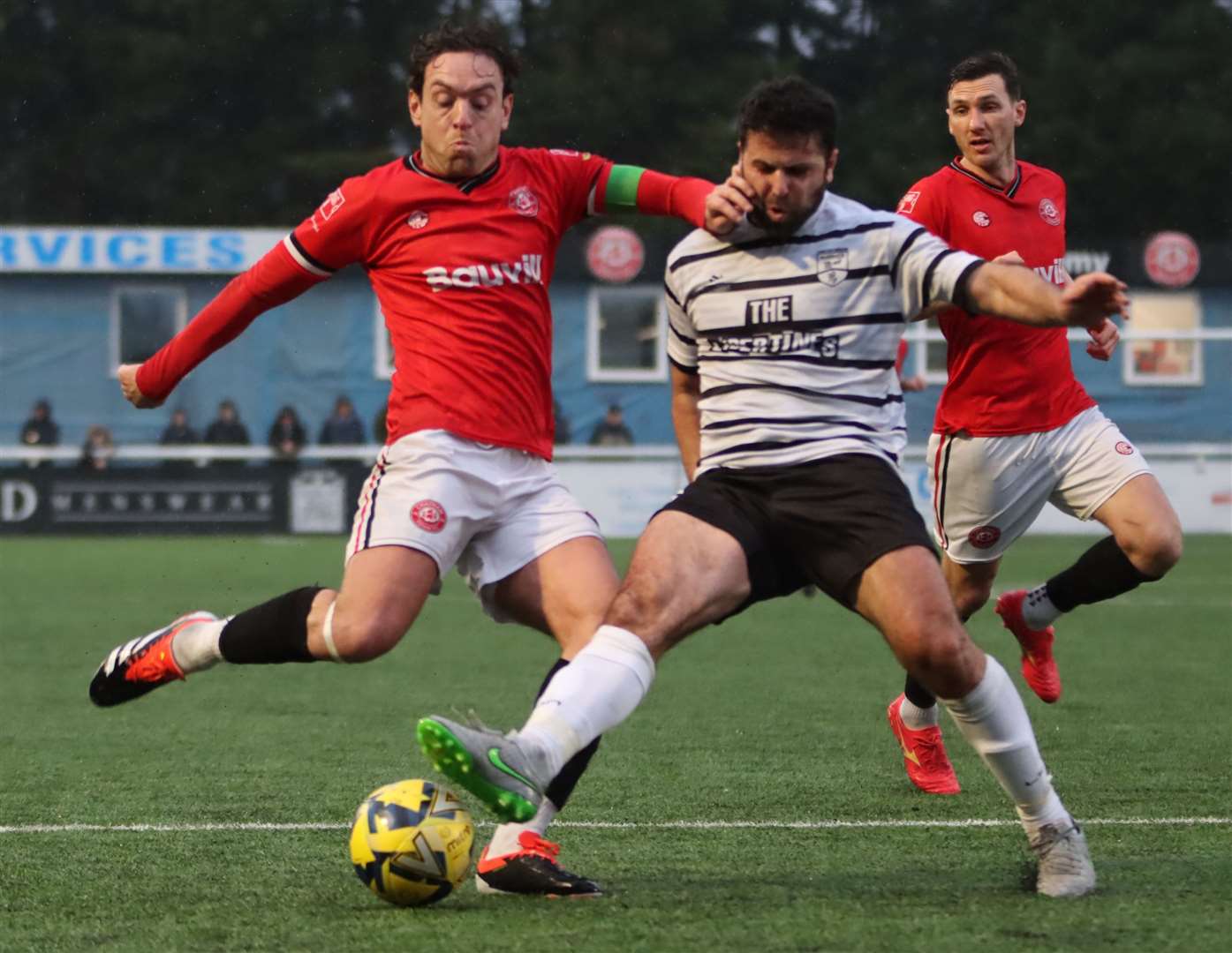 Margate’s Yaser Kasim closes down Chatham captain Jack Evans during Chats’ 2-1 Isthmian Premier derby victory on Saturday. Picture: Max English (@max_ePhotos)