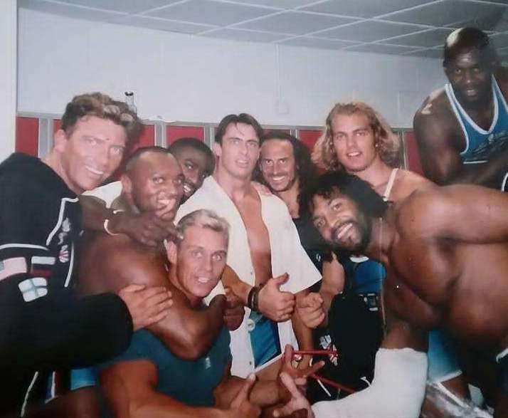 The Gladiators UK changing room – left to right: Warrior, Rhino, Cobra, Trojan, Wolf, Hunter, Saracen and Shadow