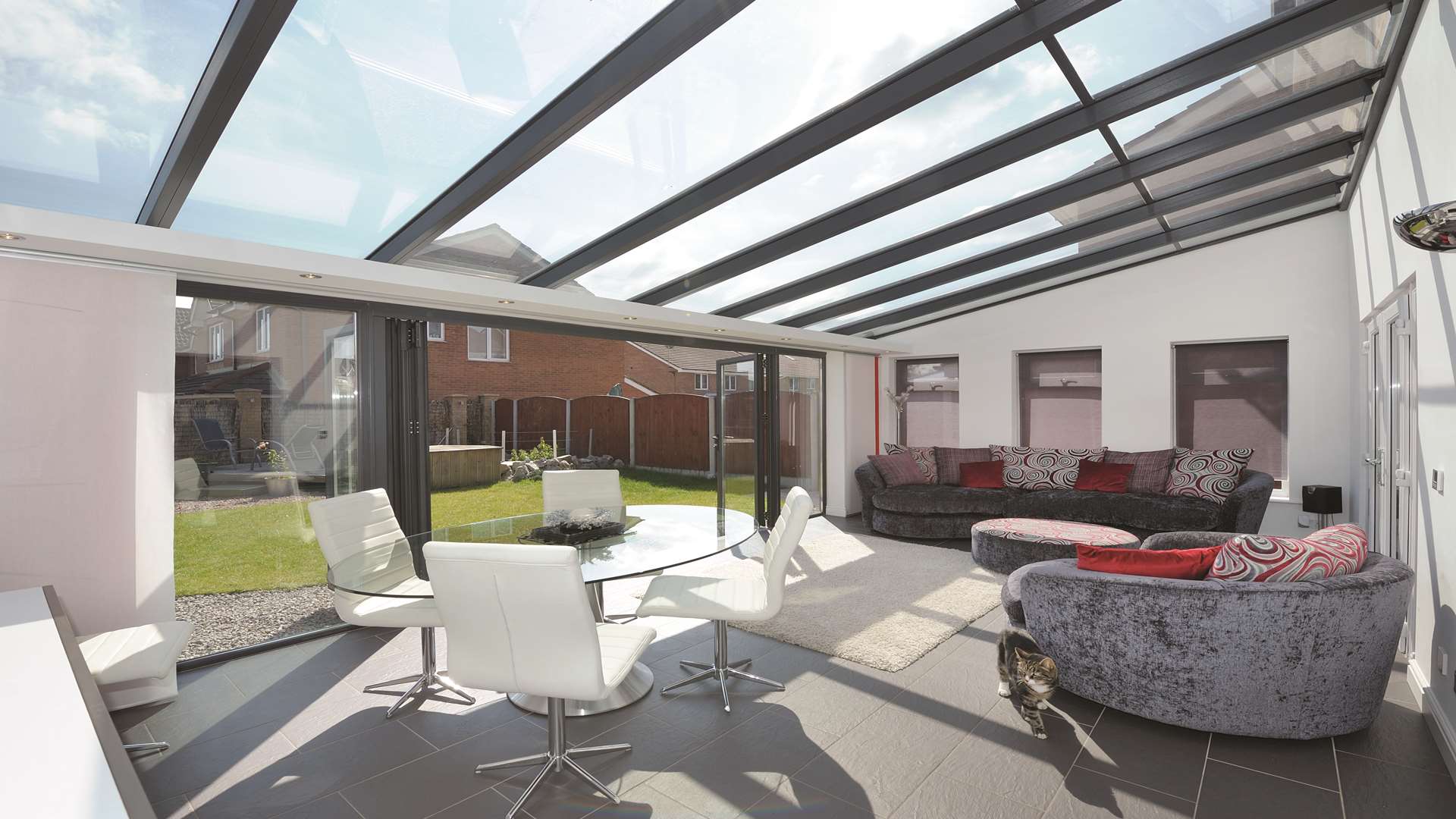 An ultraframe blazed extension with bi-fold foors