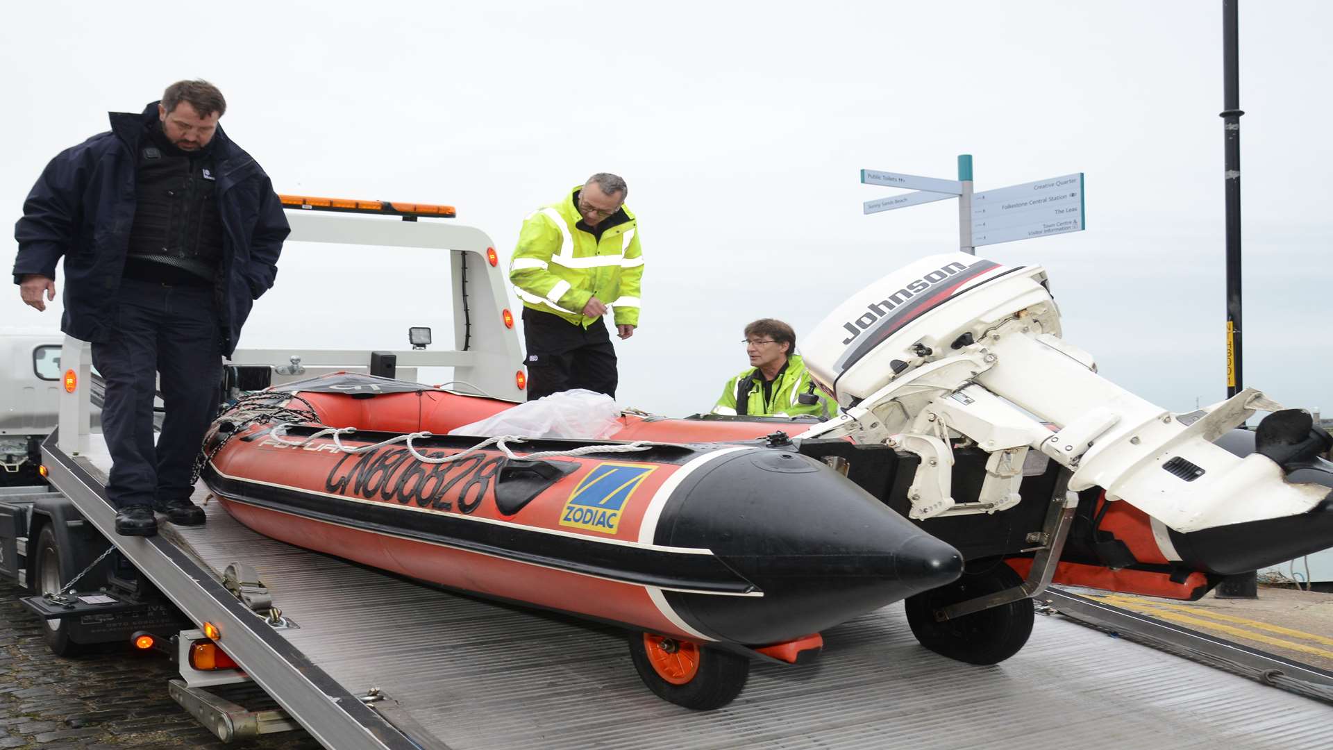 Border Force recovering the dinghy at The Stade in Folkestone