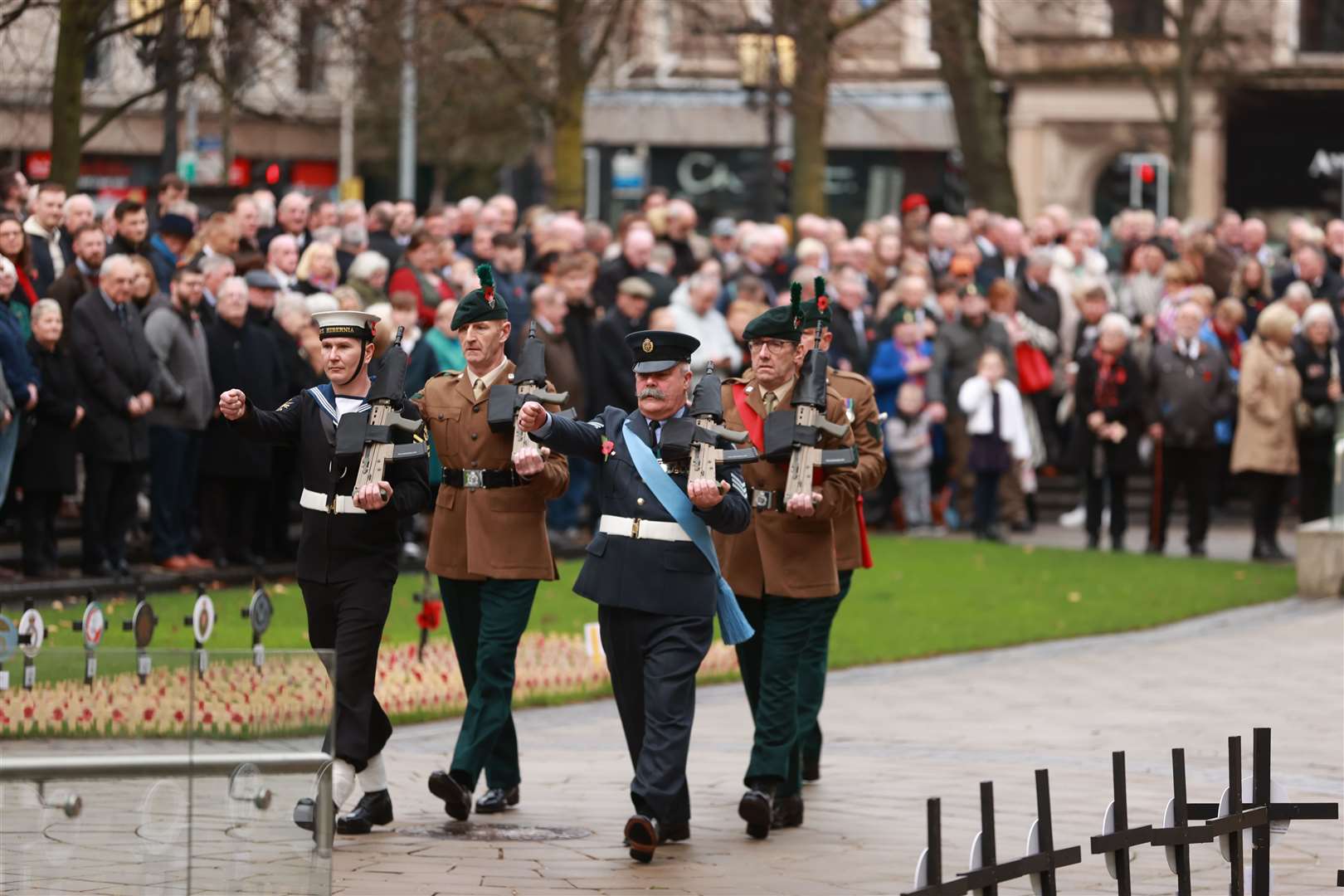 Members of the Armed Forces during the Remembrance Sunday service at Belfast City Hall (Liam McBurney/PA)