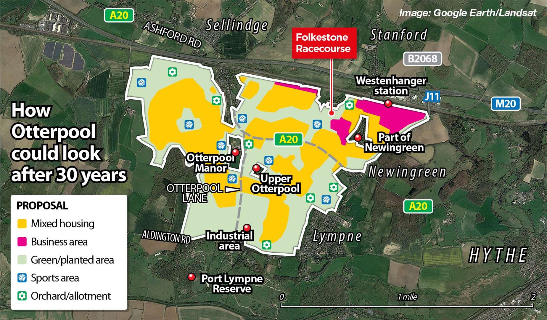 A graphic showing the current plan for the 10,000-home Otterpool Park scheme, which includes the former Folkestone Racecourse