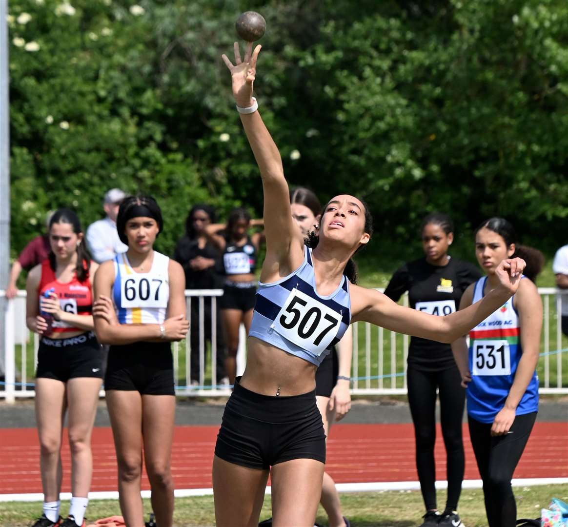 Isabella Amartey (Dartford Harriers AC) won the Under-17 Women’s shot. Picture: Simon Hildrew