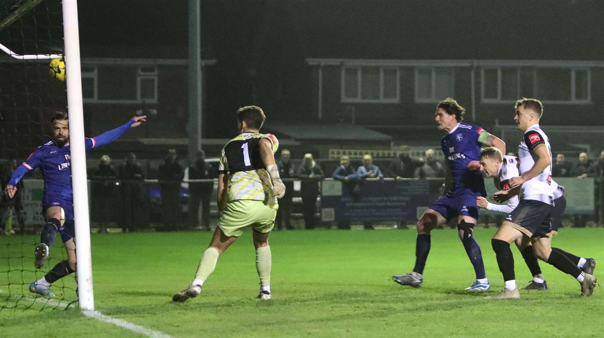 Margate player-manager Ben Greenhalgh is on his own goal-line as the Hoops are denied a dramatic late leveller. Picture: Paul Willmott