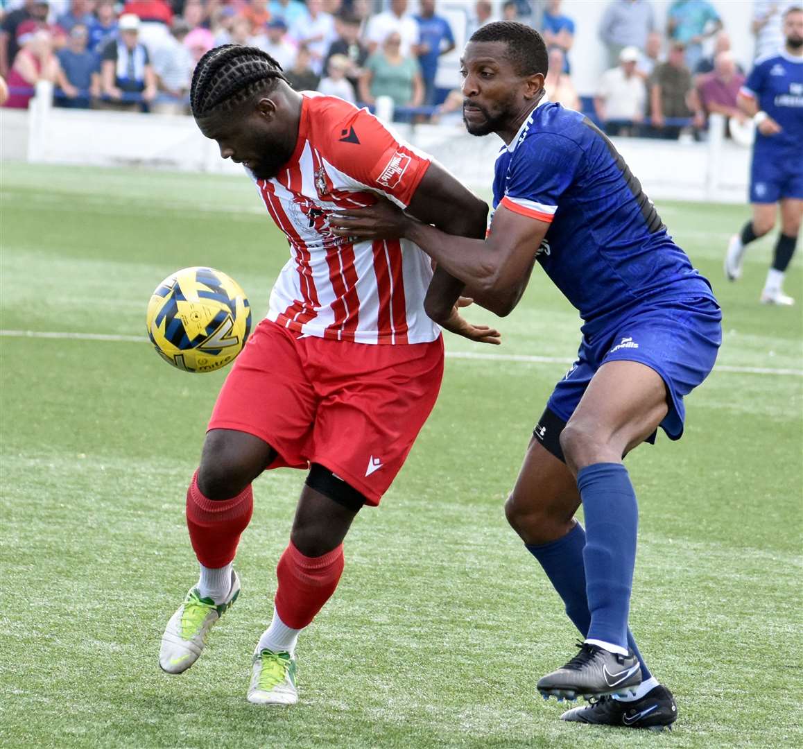 David Smith, left, scored the Folkestone goal in their weekend 1-1 draw with Whitehawk. Picture: Randolph File