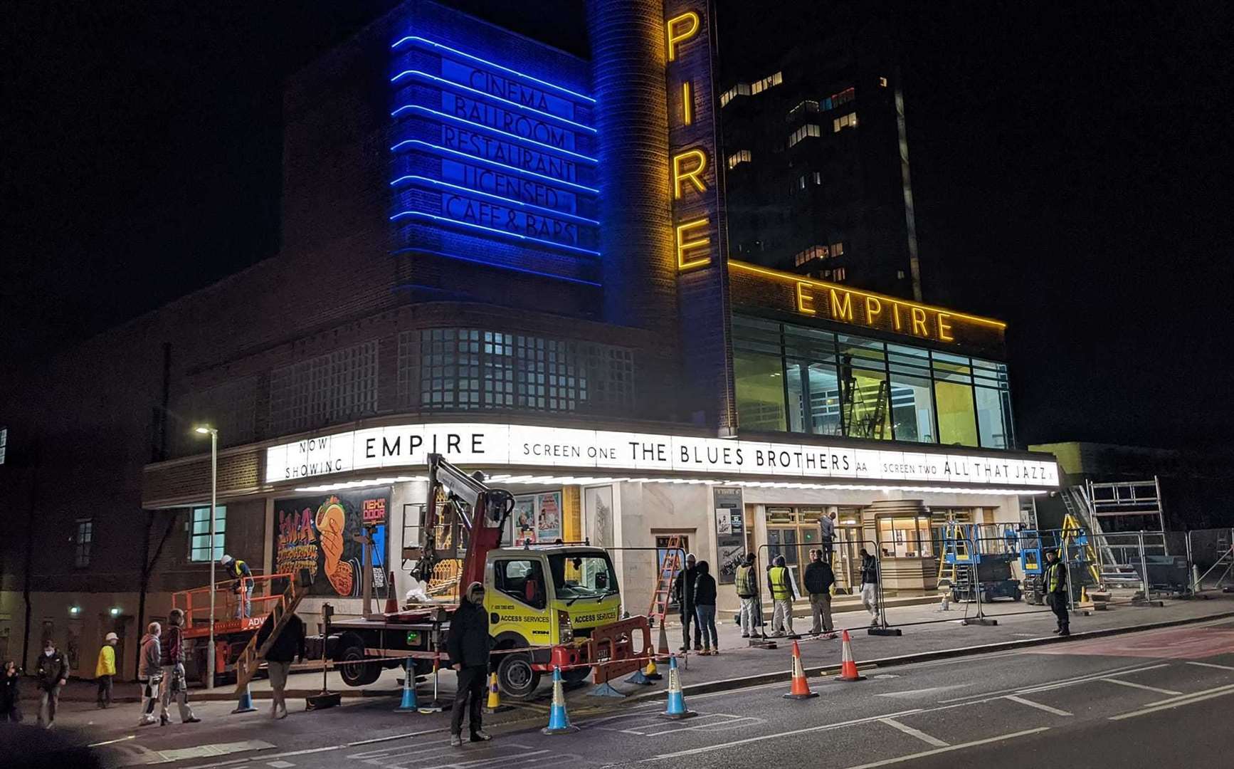 Dreamland lights up under the guise of the Empire cinema, for filming of the Empire of Light movie Picture: Roy Foord