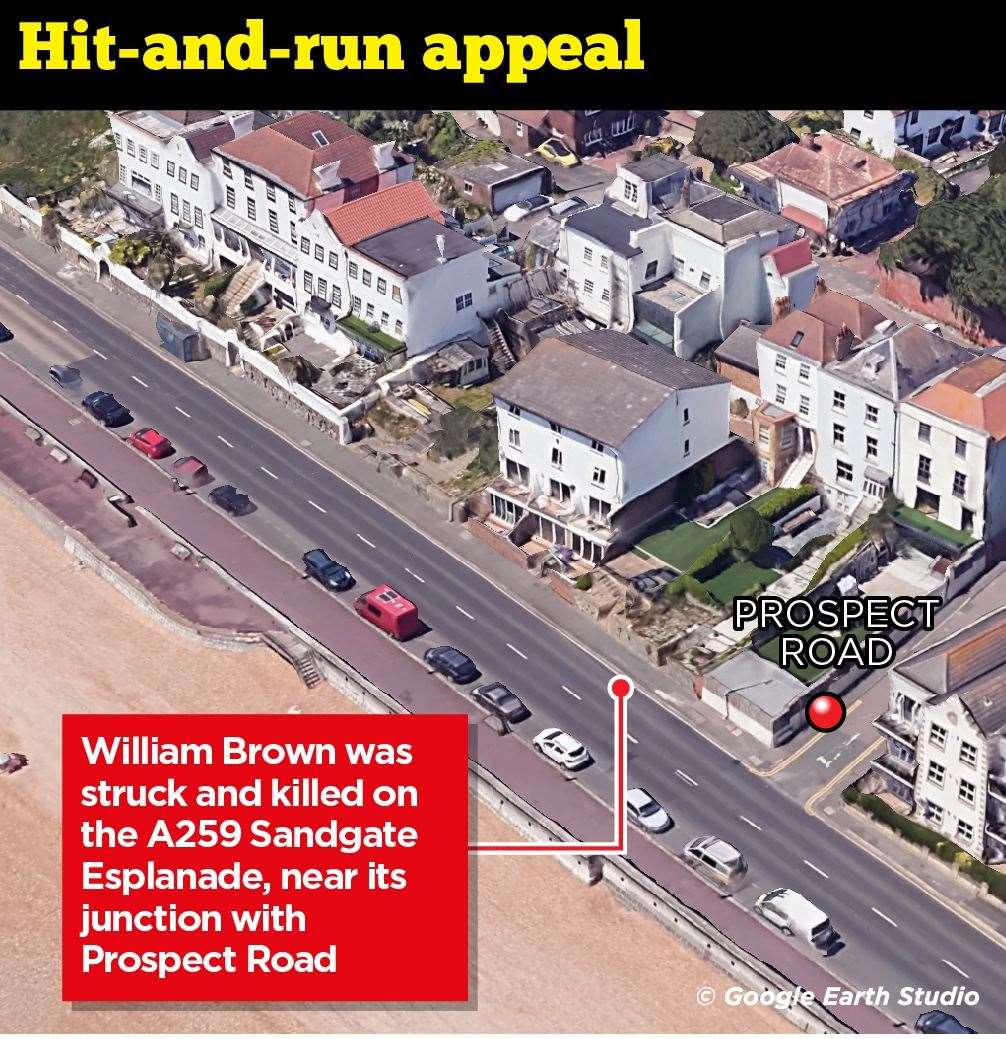 A graphic shows where William Brown was killed in a suspected hit-and-run in Sandgate Esplanade