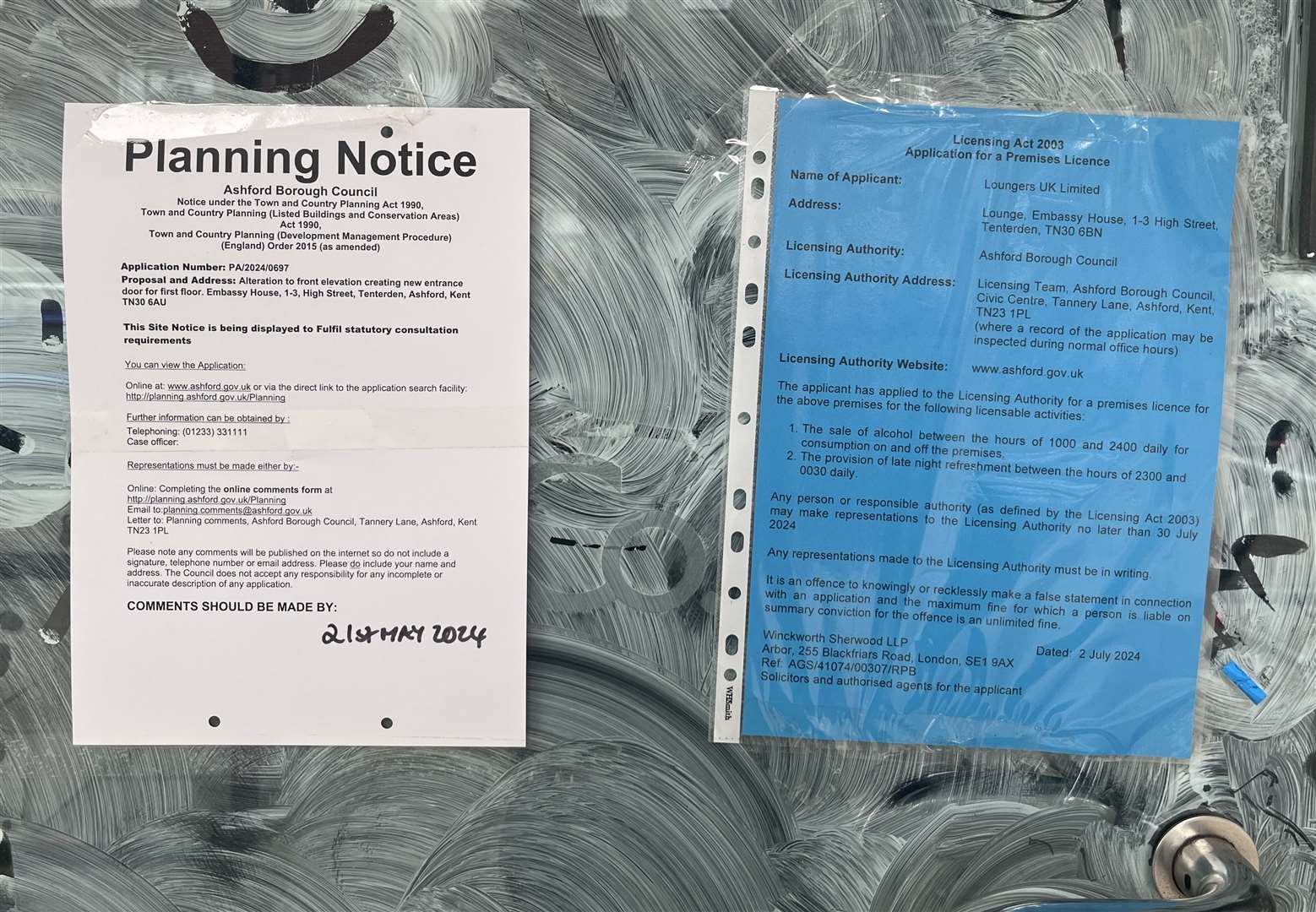 A license notice for Loungers latest venture has appeared in the window of the former Embassy Cinema on Tenterden Highstreet