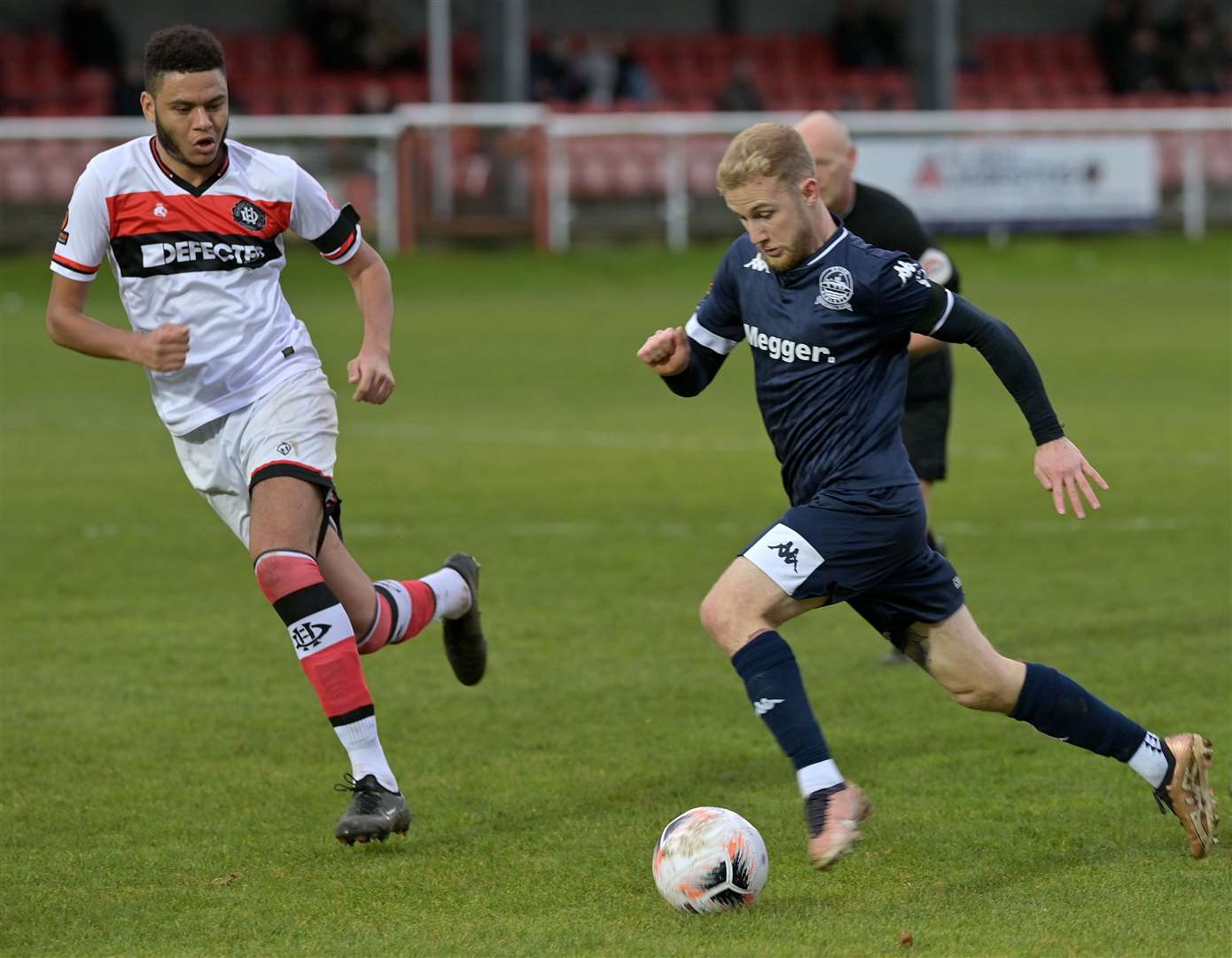 Alfie Paxman on the ball for Dover in their New Year's Day 2-1 home loss against Dulwich. Picture: Stuart Brock