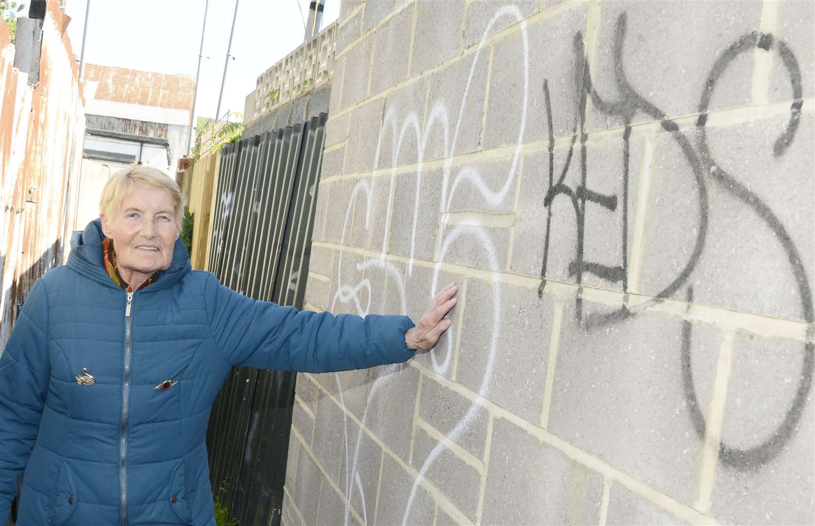 Barbara Plumley with some of the graffiti near her house in Folkestone