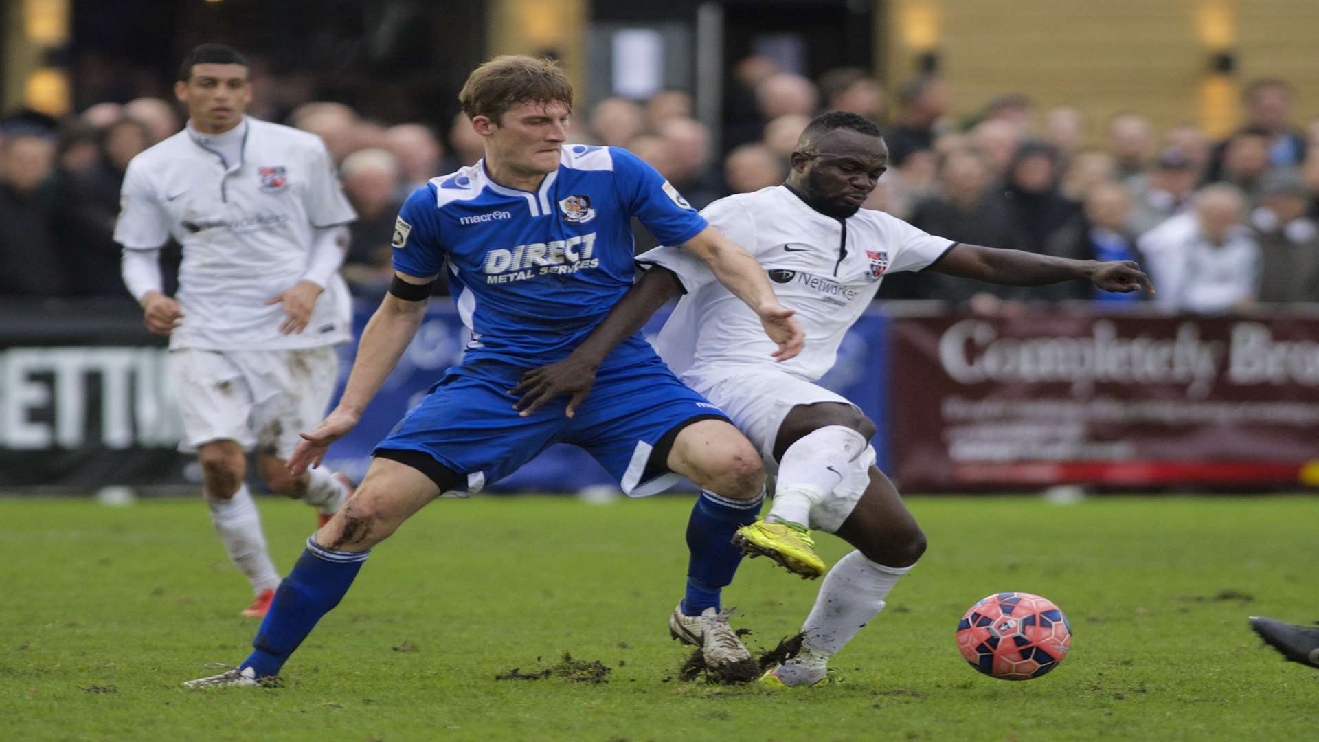 Dartford's matchwinner Tom Bradbrook gets stuck in against Bromley at Hayes Lane Picture: Andy Payton