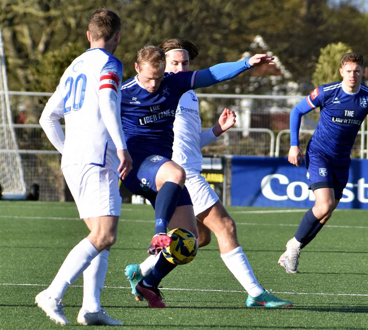 Margate substitute and scorer Steve Cawley in the thick of it. Picture: Randolph File