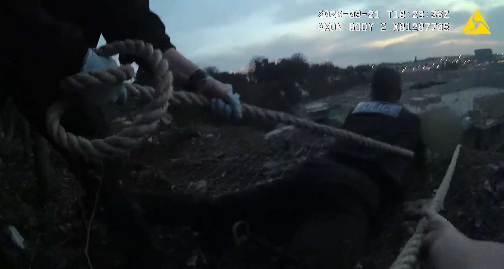 Bodycam footage of police attempting to rescue a man from a 50ft cliff over a quarry in Northfleet (Kent Police/PA)