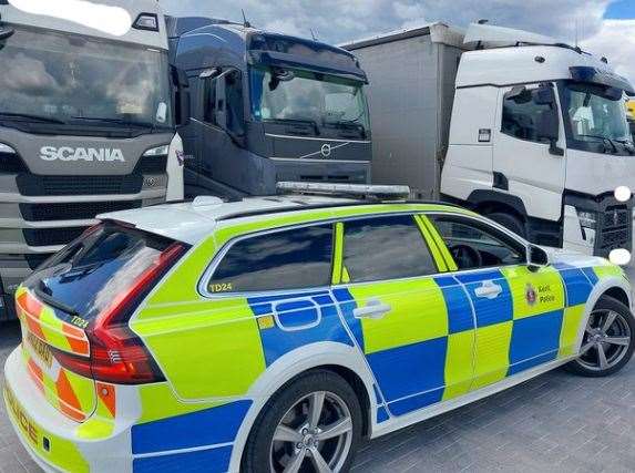 Police fined three truck drivers after they parked on the exit slip road at Junction 10a of the M20. Picture: Kent Police