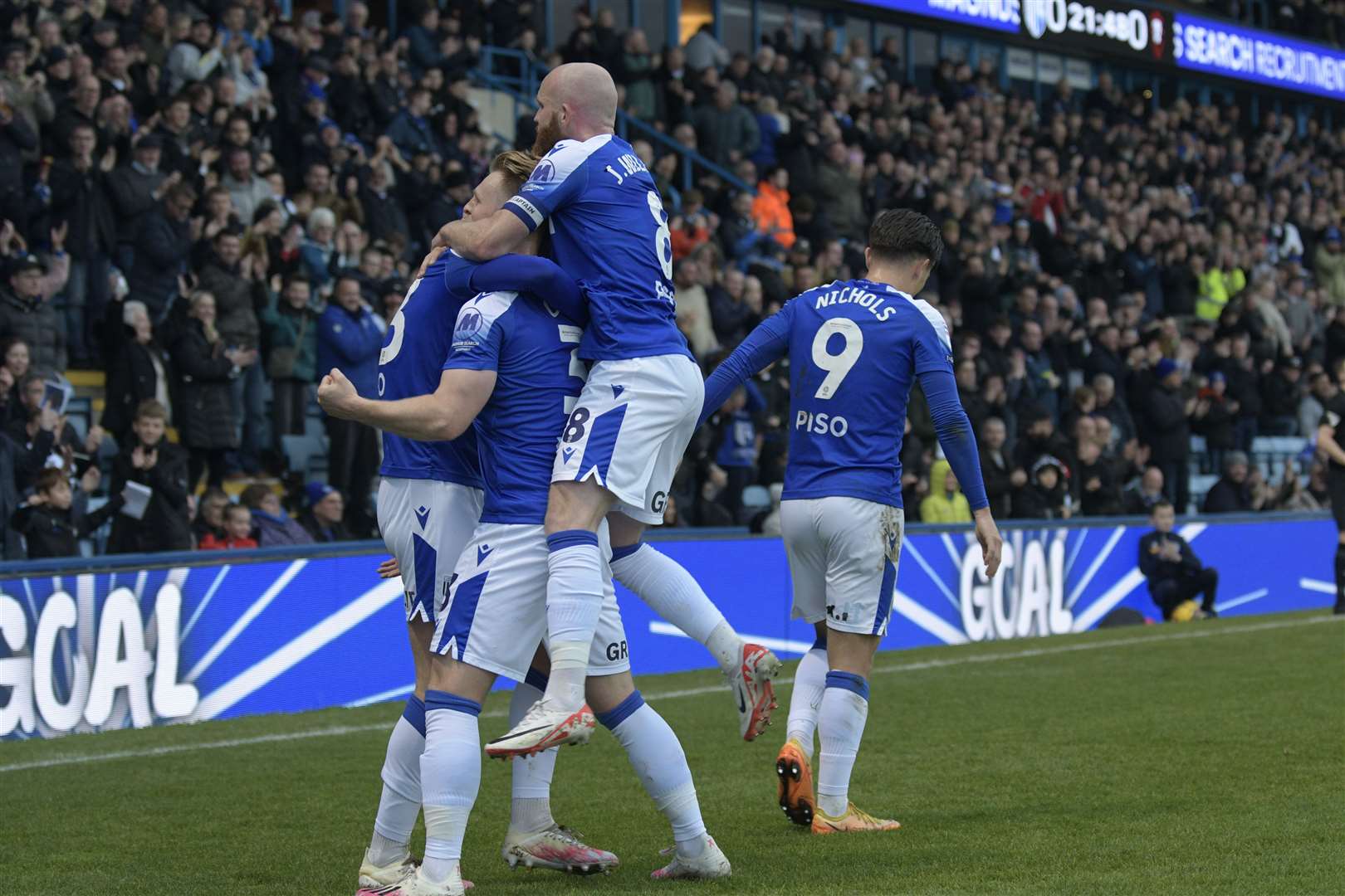 Gillingham players celebrate their opening goal against Salford City scored by Connor Mahoney Picture: Barry Goodwin