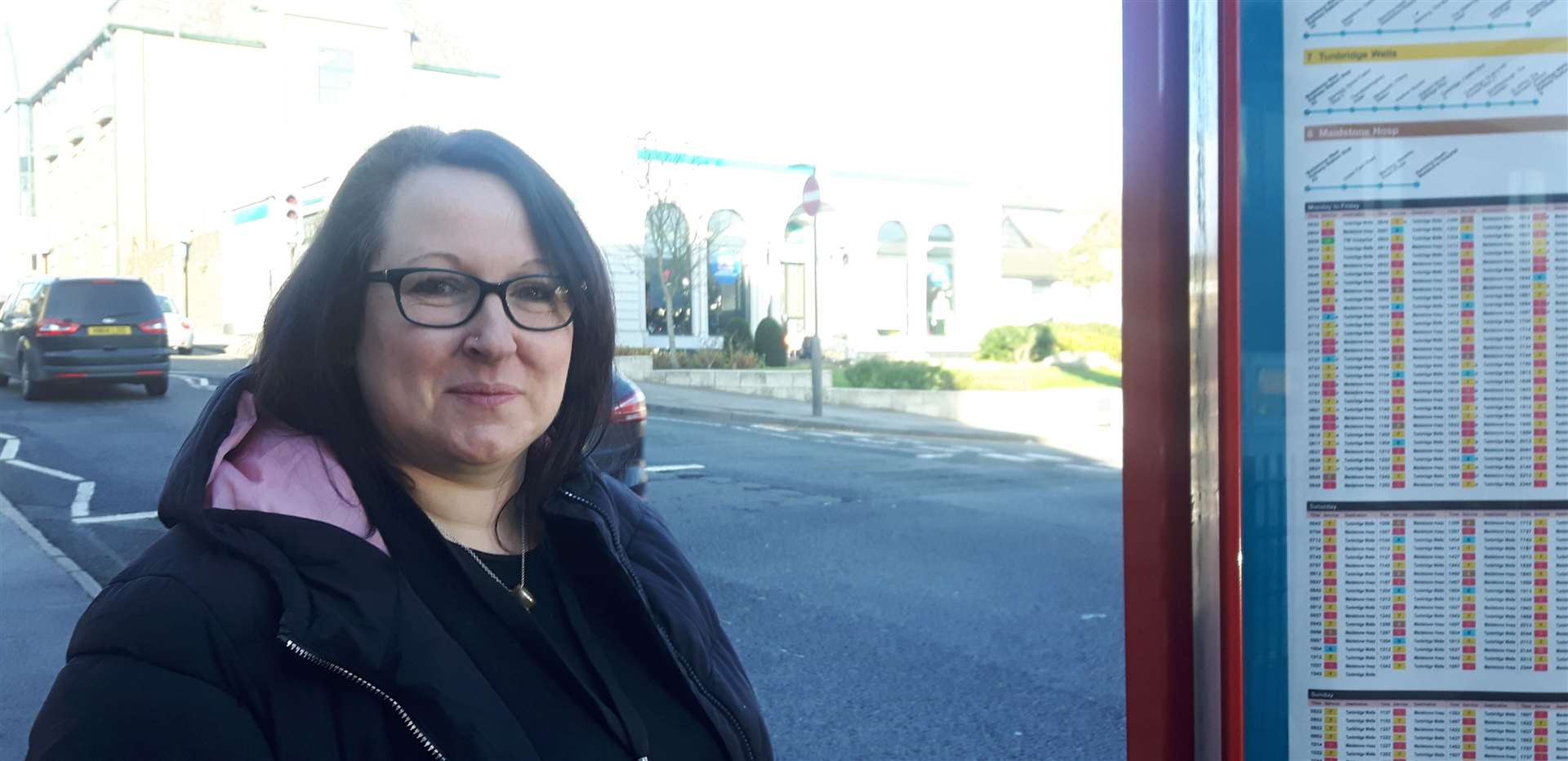 Ruth Taylor waiting for a bus at Tonbridge Road, Maidstone