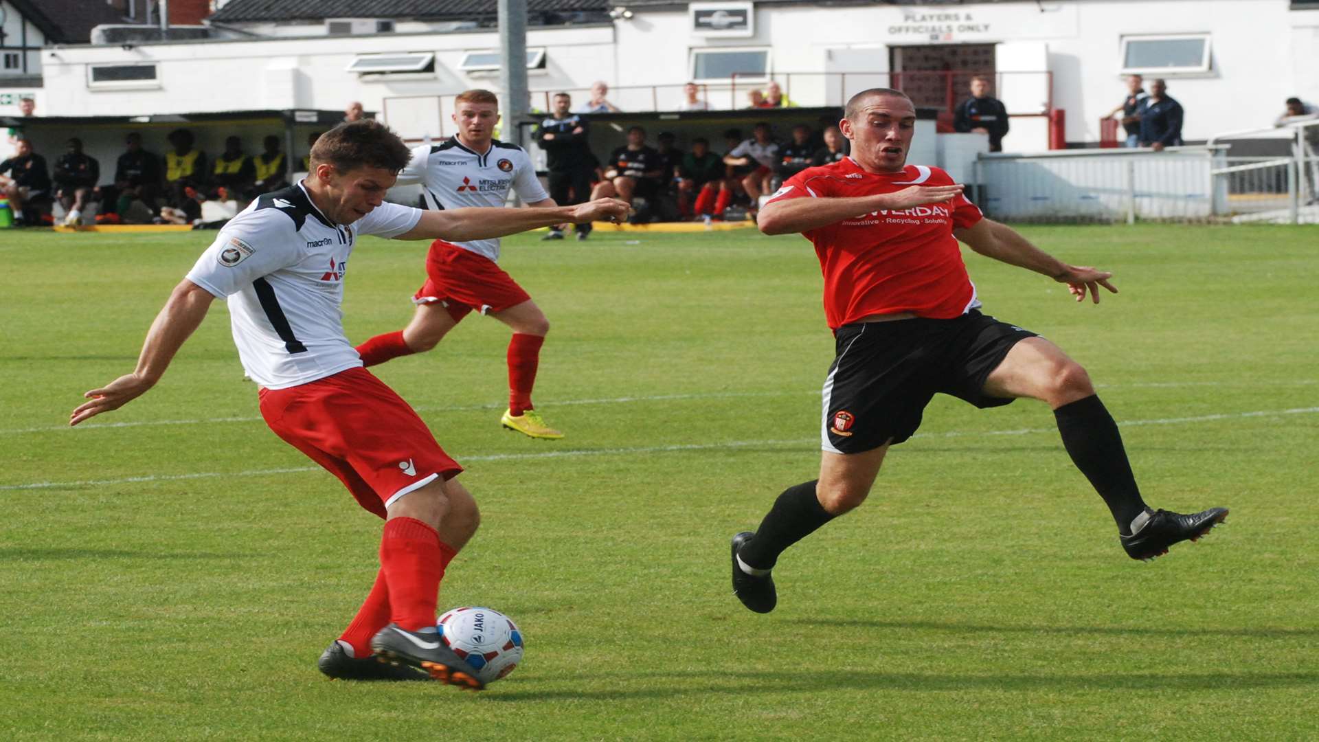 Charlie Sheringham gives Ebbsfleet the lead despite the attentions of Matt Ruby Picture: Paul Jarvis