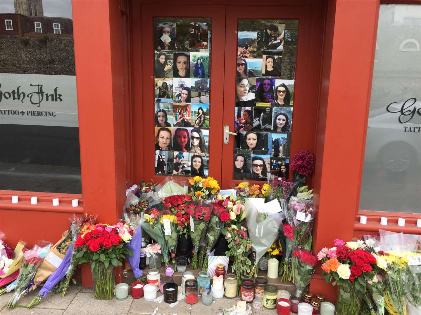 Tributes to Ramona Stoia outside the GothInk tattoo parlour in Canterbury