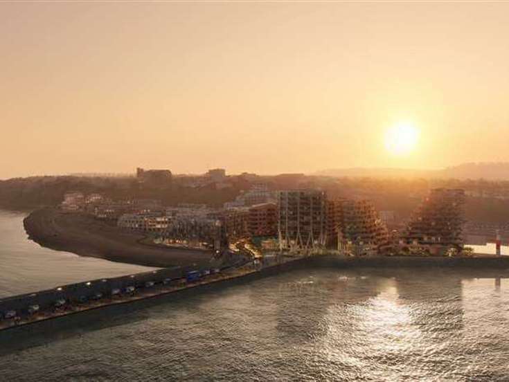 A computer-generated image showing the proposed Folkestone seafront development – stretching from the now complete Shoreline Crescent flats on the left, to tower blocks on the harbour arm car park on the right