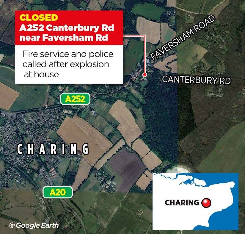 The explosion at a bungalow in Charing near Ashford prompted a huge emergency response and the closure of Canterbury Road