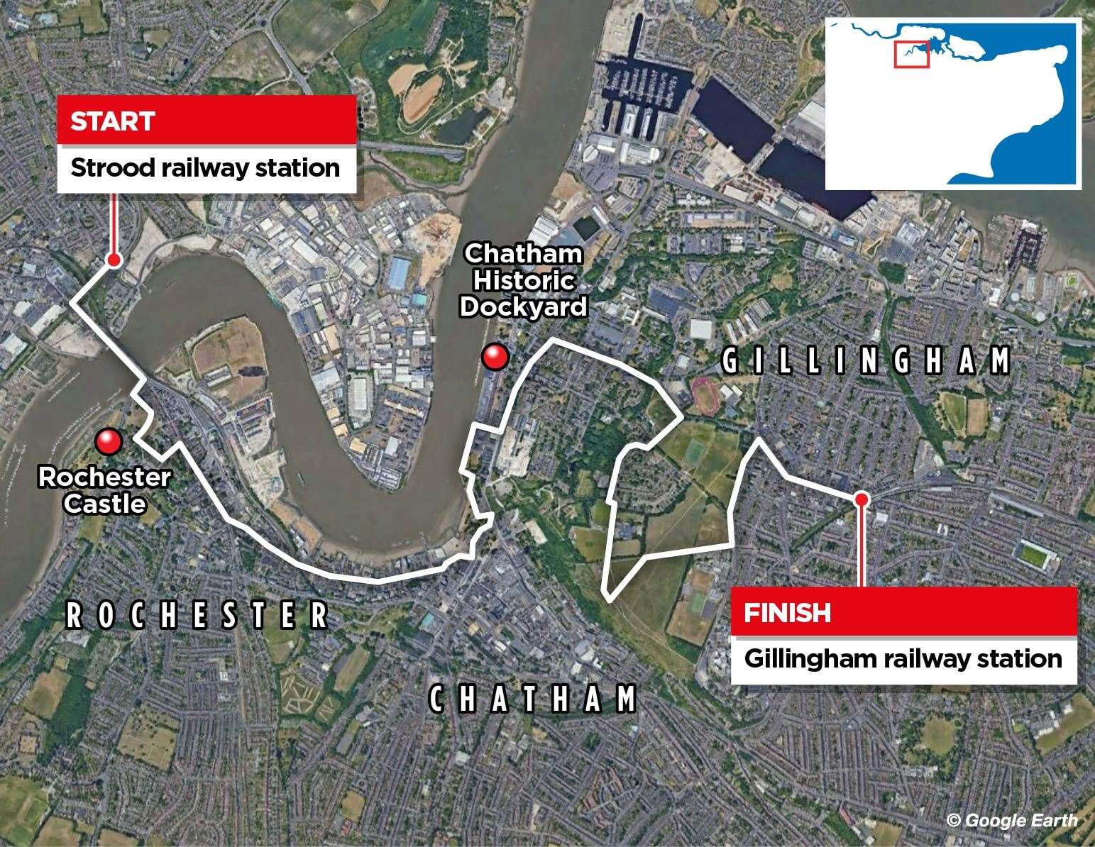 The route Rhys Griffiths took through Medway