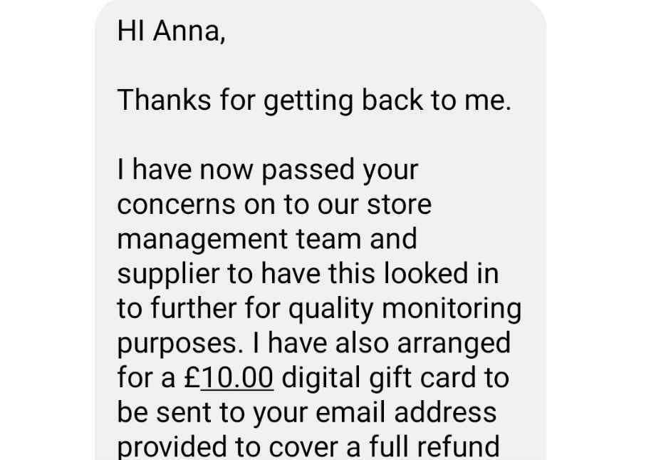 Tesco's reply after Anna Adamson cut open her green chicken. Picture: Anna Adamson