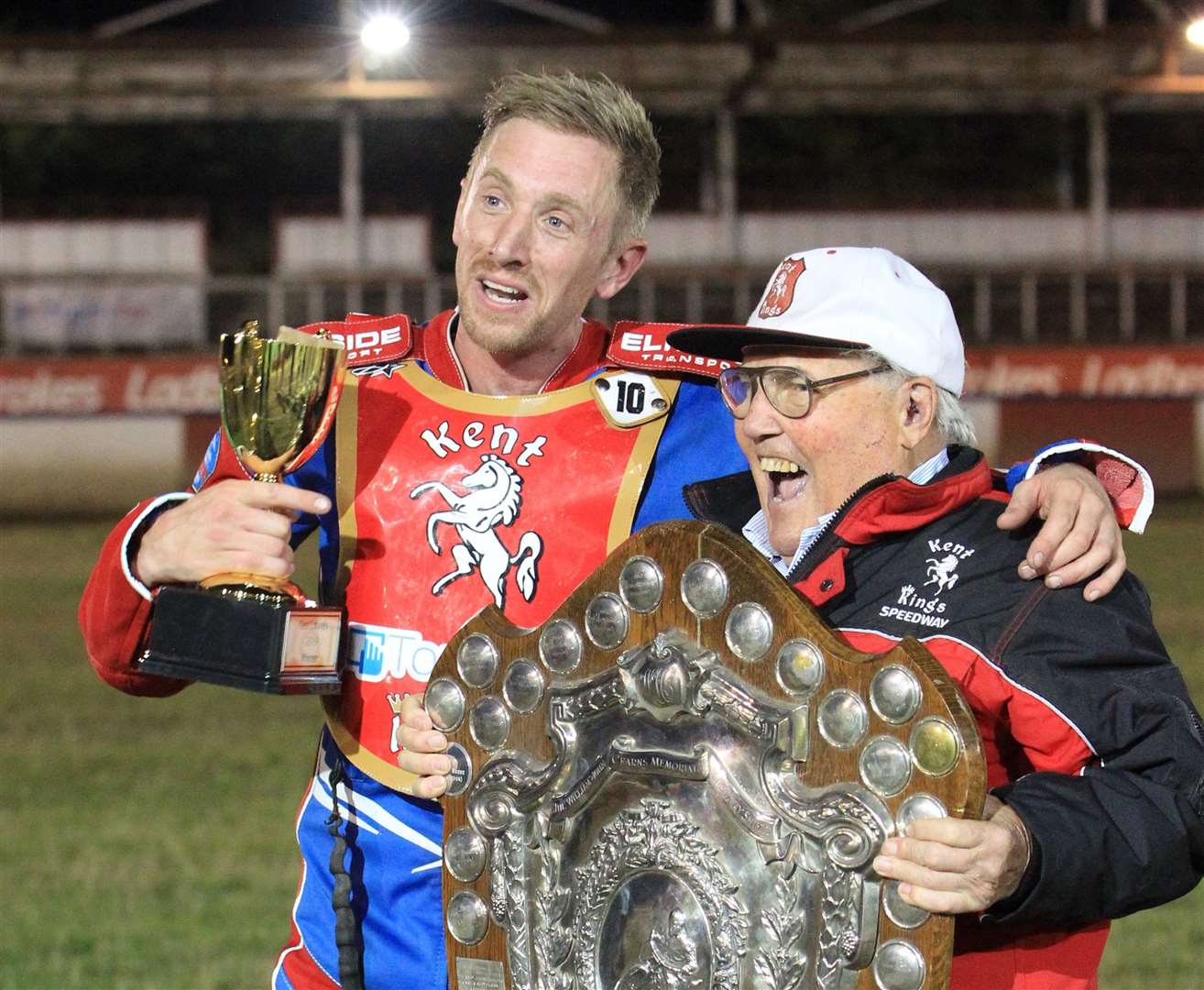 Kent Laurels champion Luke Bowen receives the WJ Cairns Memorial Shield from promoter Len Silver last year Picture: Geoff Hunt