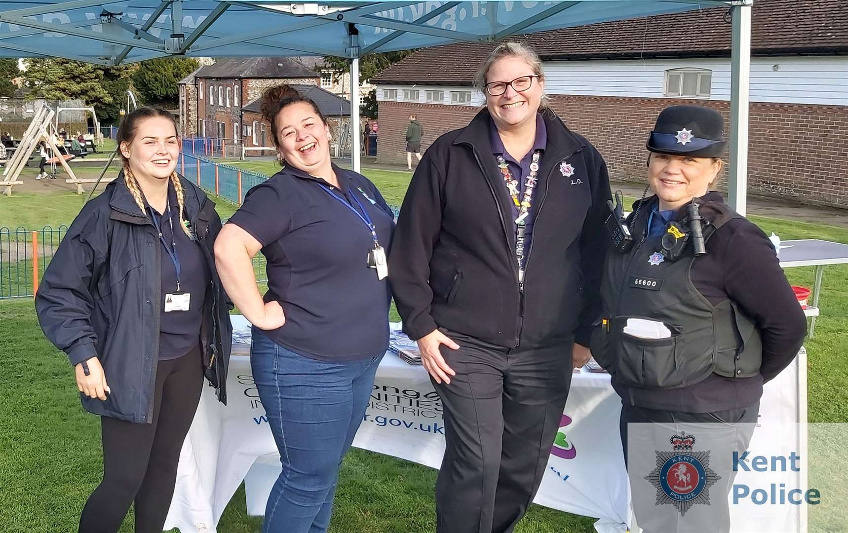 The roadshow in Dover. From left are Chloe Knight, DDC community development support officer, and Kayleigh Jones, DDC community development officer, with CLO Tarn Clark and PCSO Sarah McGuinness. Picture: Kent Police