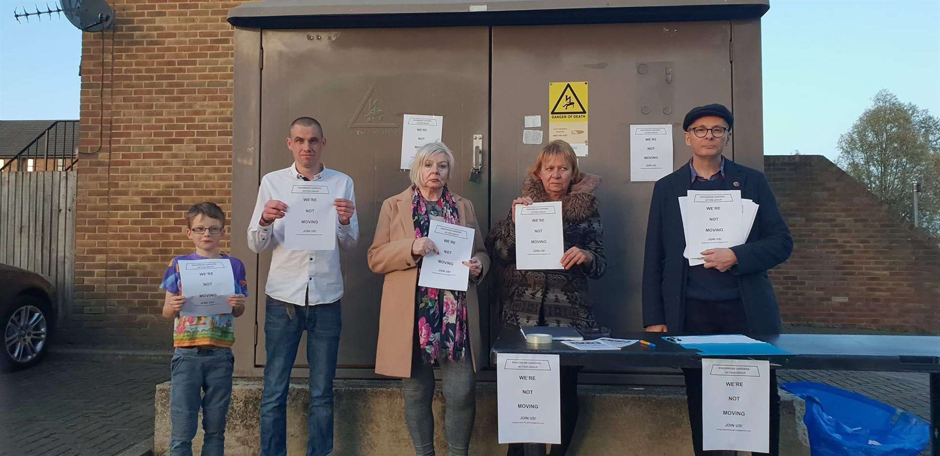 Kingswear Gardens "We're not moving" campaigners Richard Tidmarsh, Matthew Tidmarsh, Annette Stocker, Kim West and Chas Berry