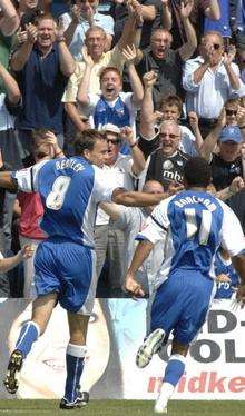 Mark Bentley celebrates his goal against Swindon