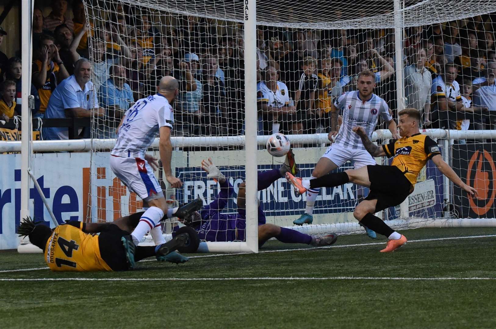 Maidstone striker Jack Barham makes it 1-1 against Dorking Picture: Steve Terrell