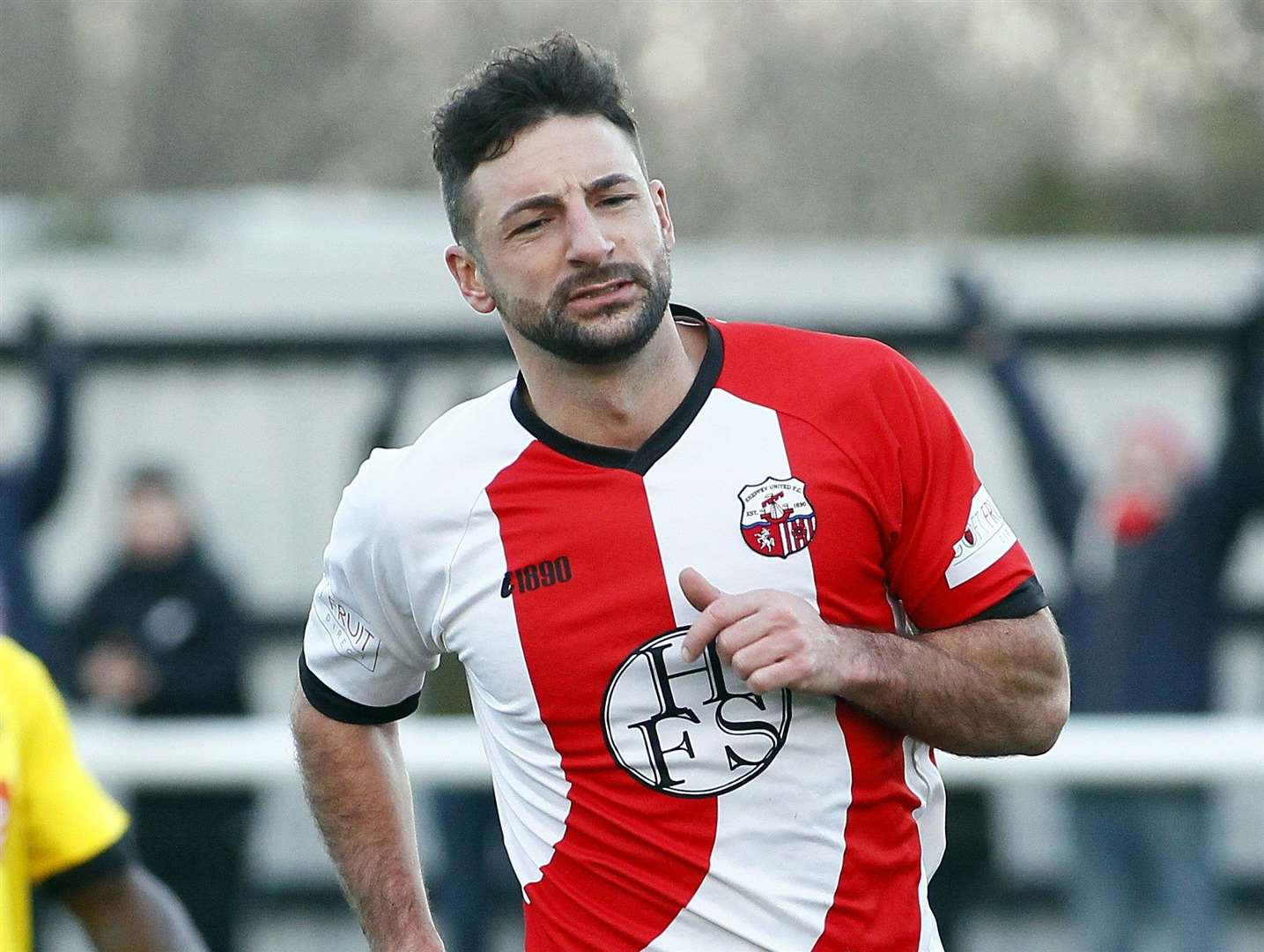 Rob Denness celebrates his first goal for Sheppey in the win over Croydon Picture: Sean Aidan