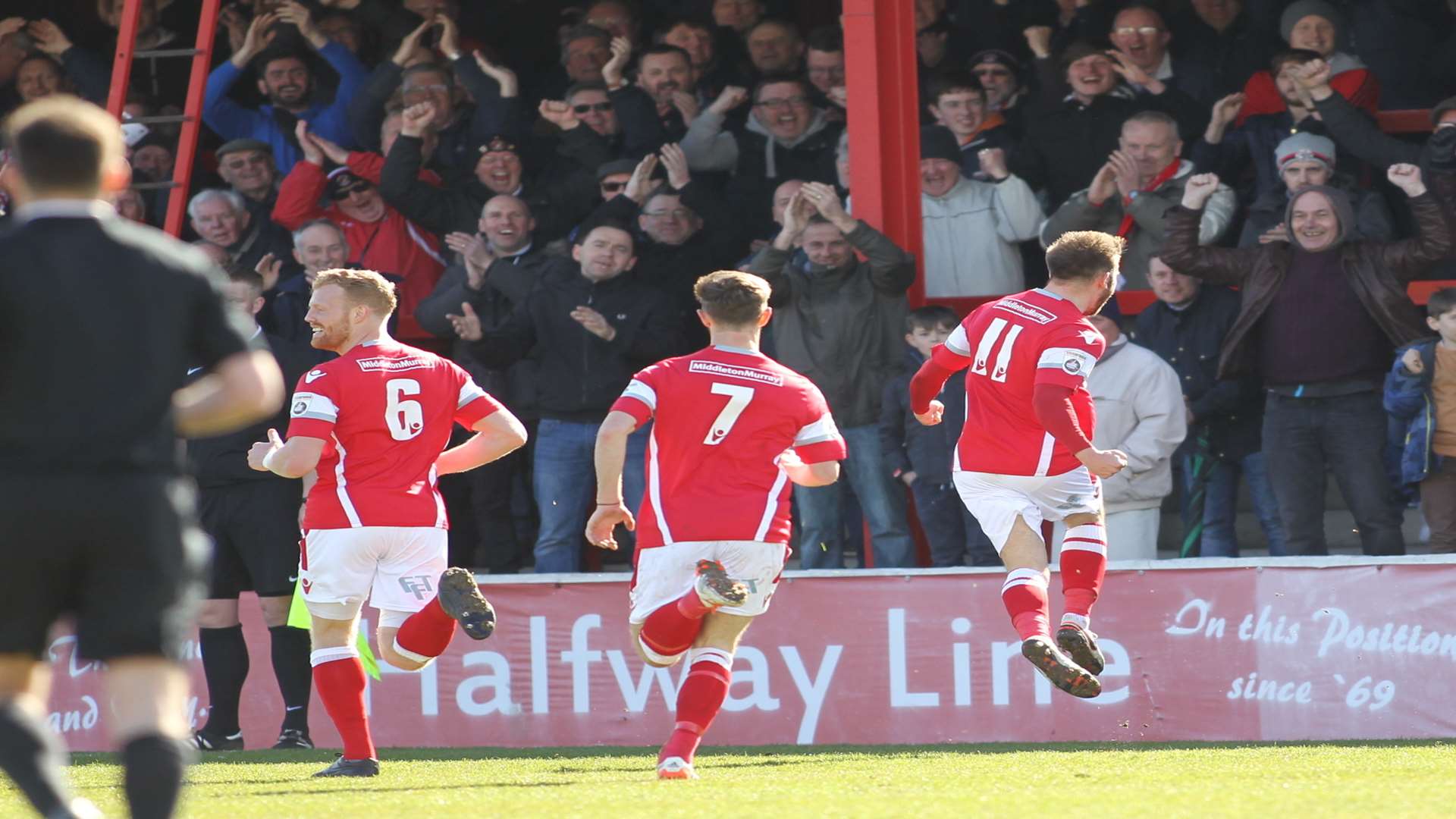 Matt Godden (11) celebrates his opening goal in the derby Picture: John Westhrop