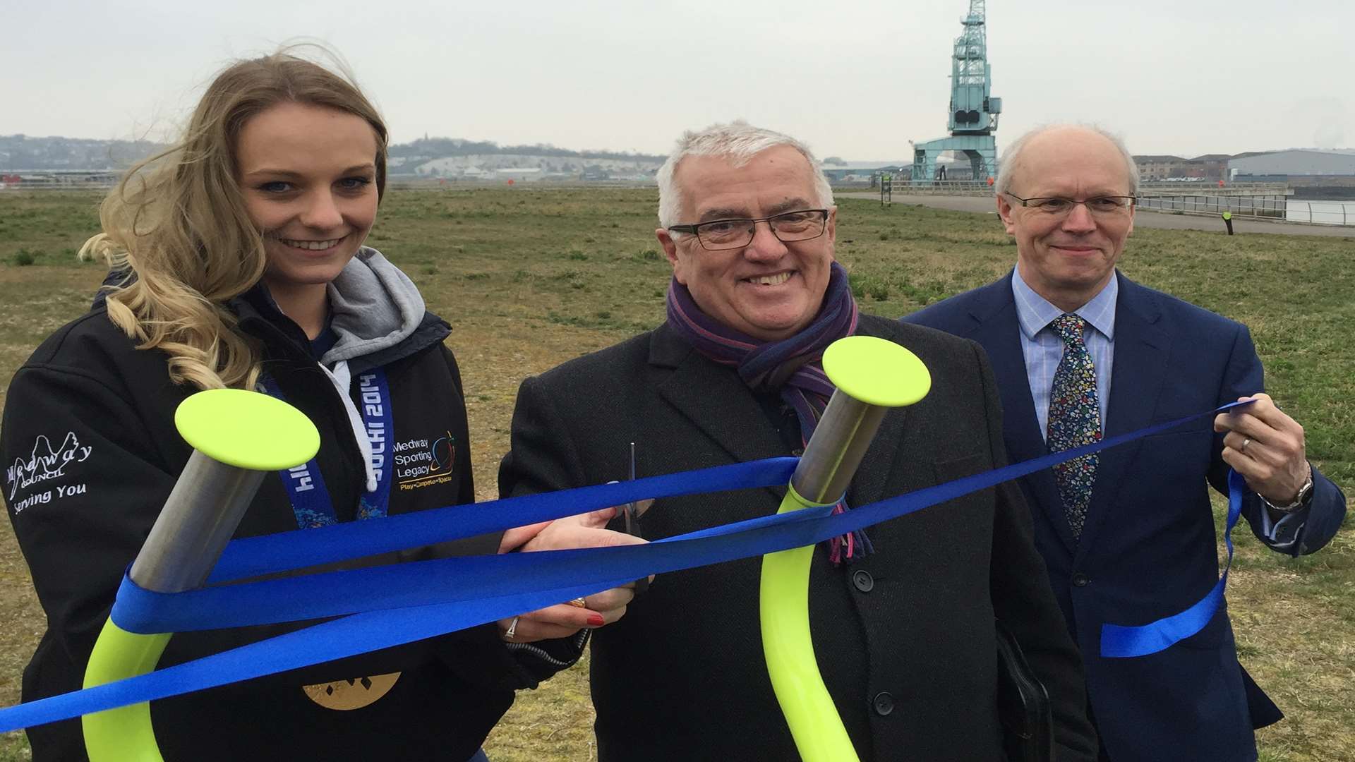 Golden girl Charlotte Evans, Cllr Howard Doe(centre) and regeneration boss, Robin Cooper open the outdoor gym on Rochester Riverside