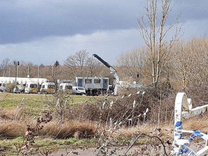 Welfare units are delivered to the site near Great Chart