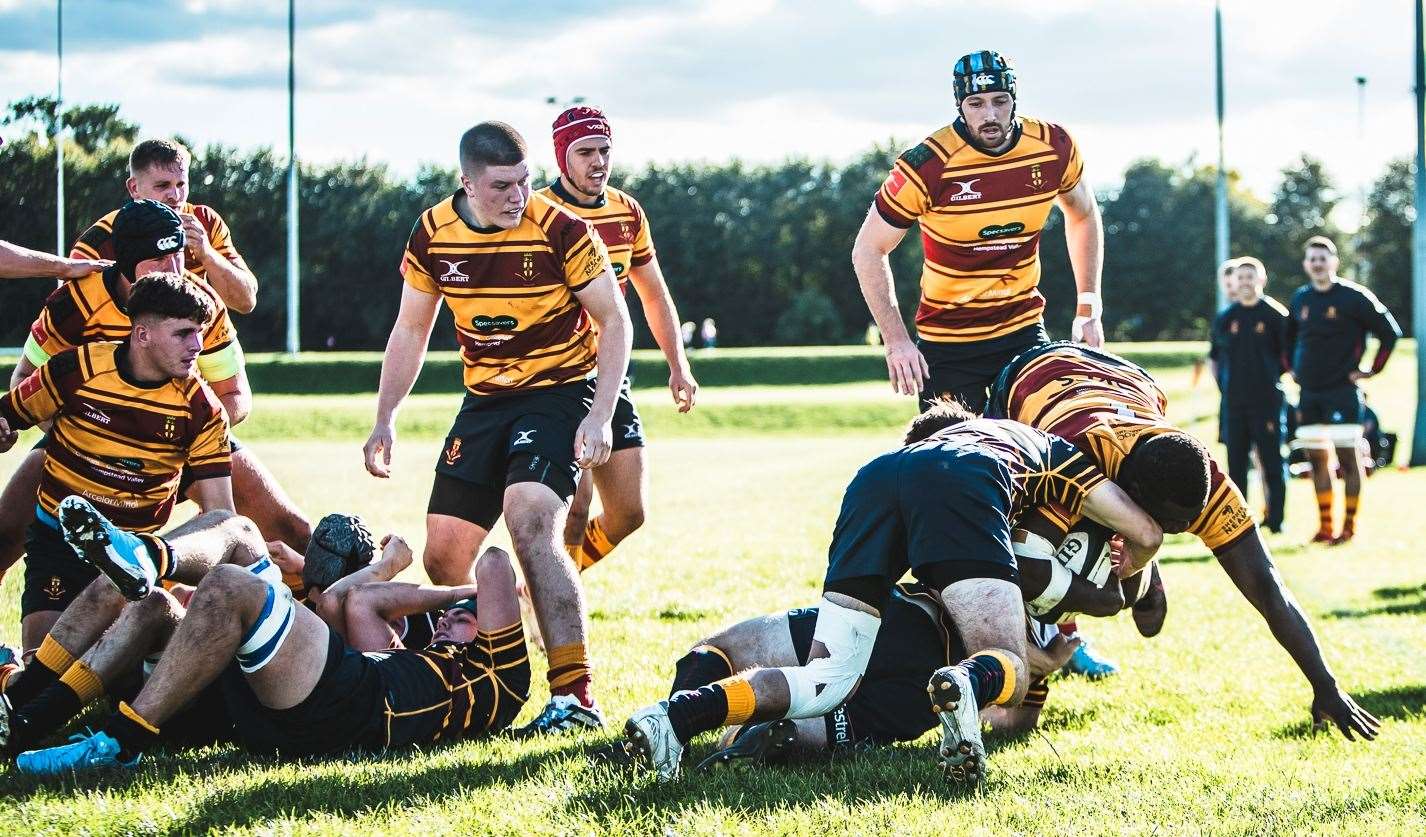 Deji Oyesola goes over in Medway's win over Old Colfeians. Picture: Jake Miles Sports Photography