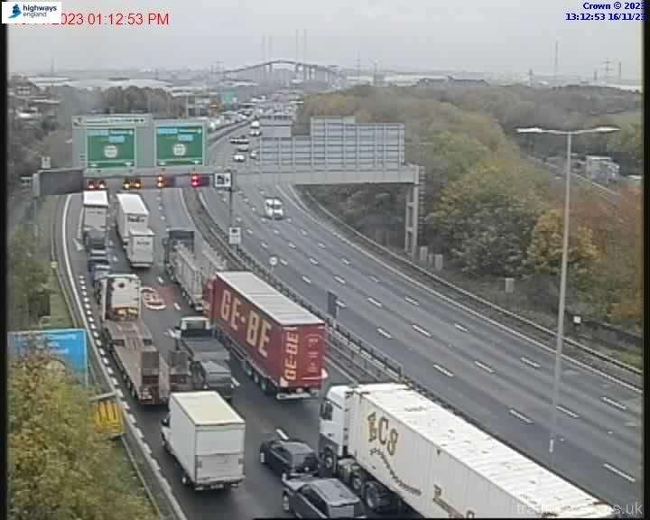 Traffic queuing on the M25 due to a vehicle fire that has closed both of the Dartford Crossing tunnels. Picture: National Highways