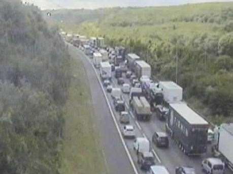 Traffic building on the M2 coastbound approaching junction 3 following a crash. Picture: Highways England