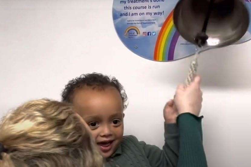 Tadhg Mealey ringing the bell at Medway Hospital. Picture: Medway NHS