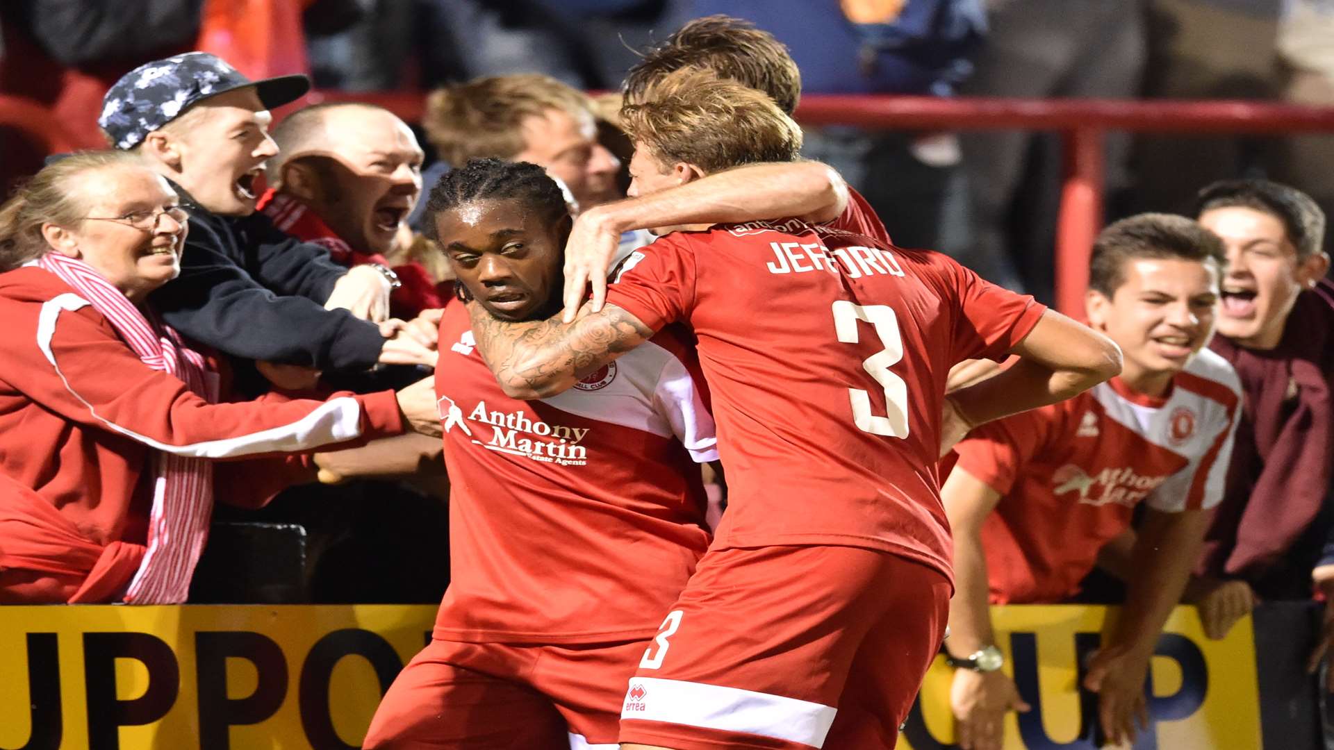 Welling celebrate their second goal against Eastleigh. Picture: Keith Gillard