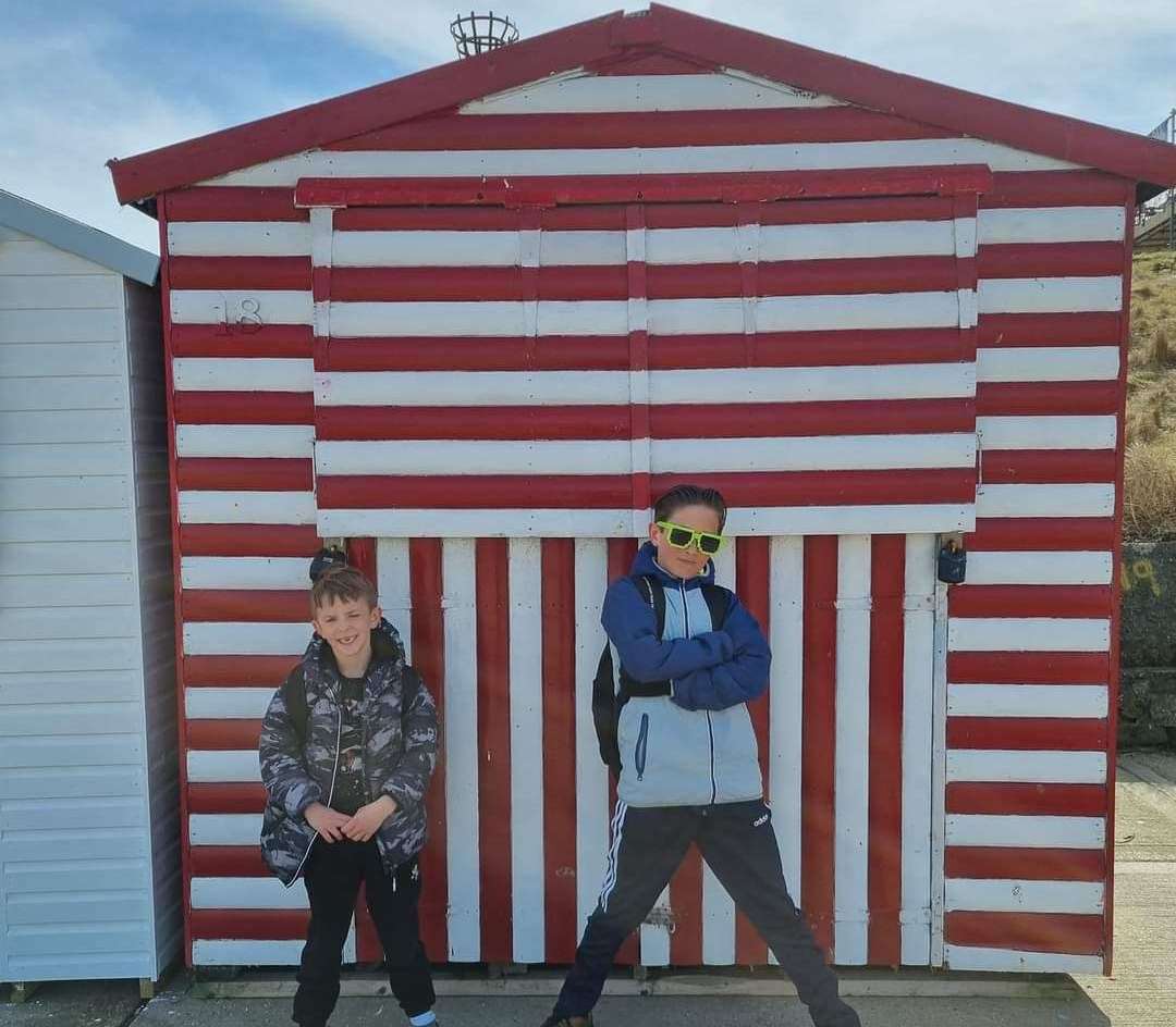 Lee William's sons Connor and Riley at the hut before it was damaged by the blaze. Picture: Lee Williams