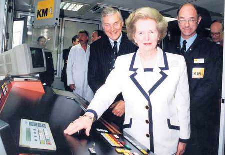 Baroness Thatcher started the press at the opening ceremony for a £10.5 million press complex at the KM Group's Larkfield headquarters in June 1992