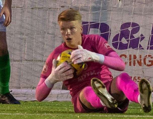 Keeper Jacob Russell - has kept consecutive clean sheets at the start of Faversham’s season. Picture: Ian Scammell