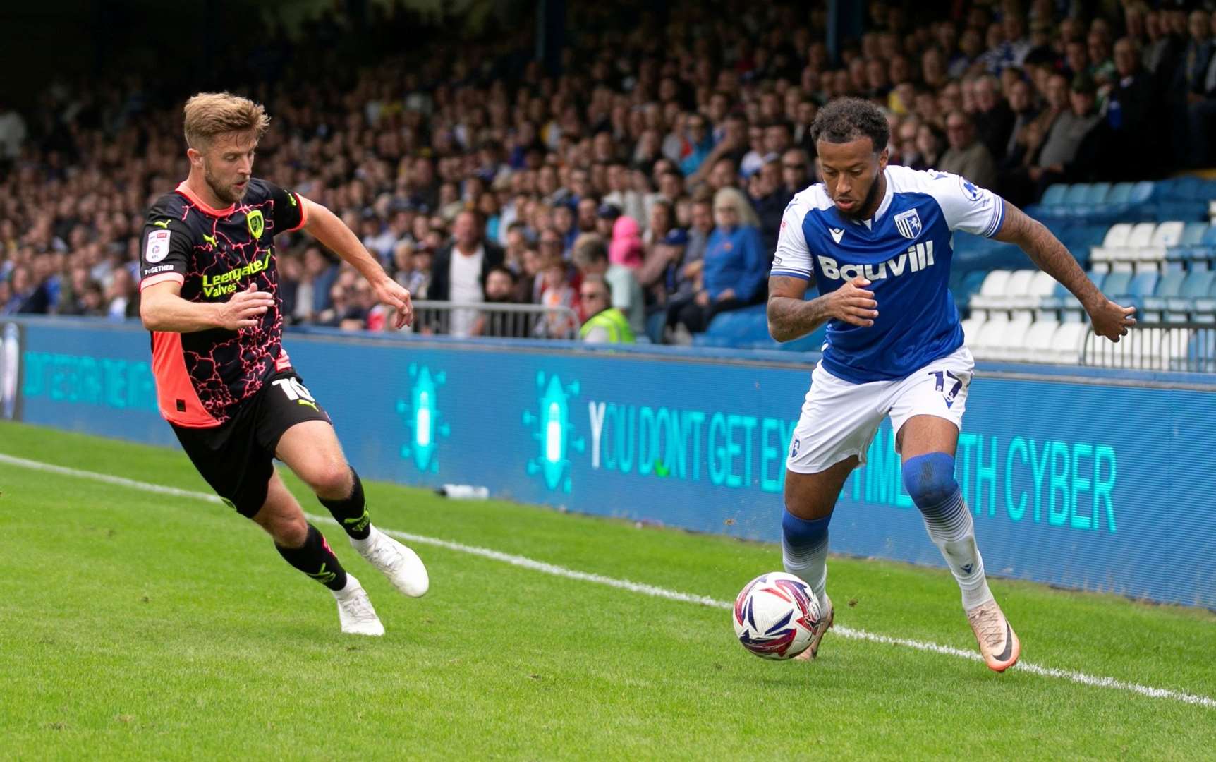 Jayden Clarke looks to attack down the win for Gillingham against Chesterfield Picture: @KPI_Julian