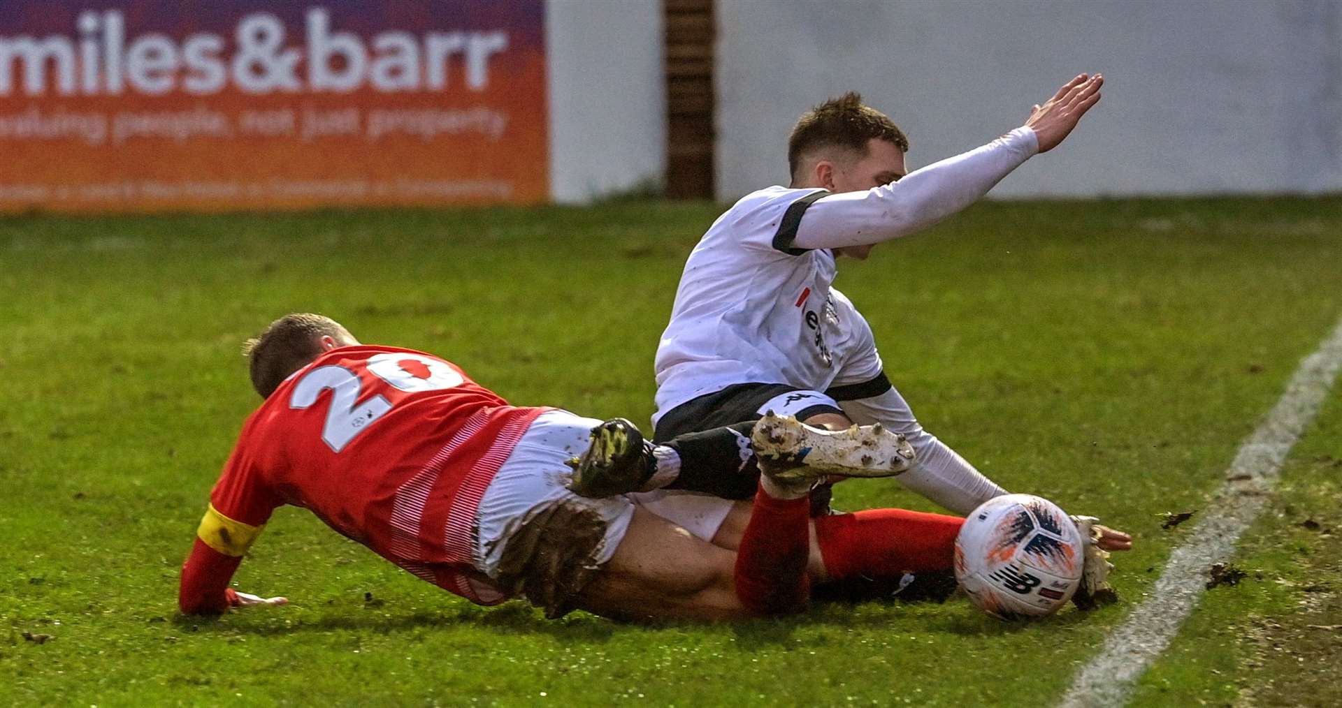 Returning Ebbsfleet skipper Chris Solly challenges Dover's Noah Carney. Picture: Stuart Brock