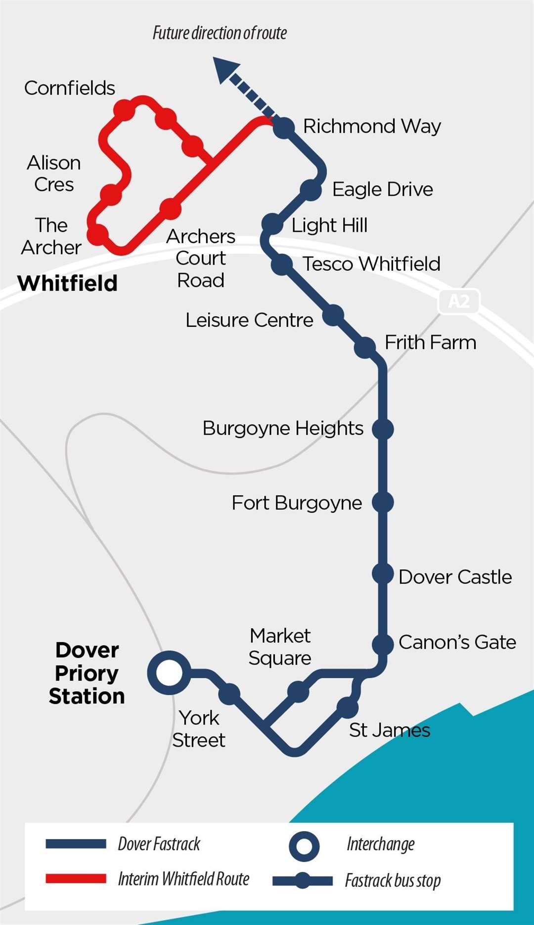 A map showing where the Dover Fastrack route is set to run