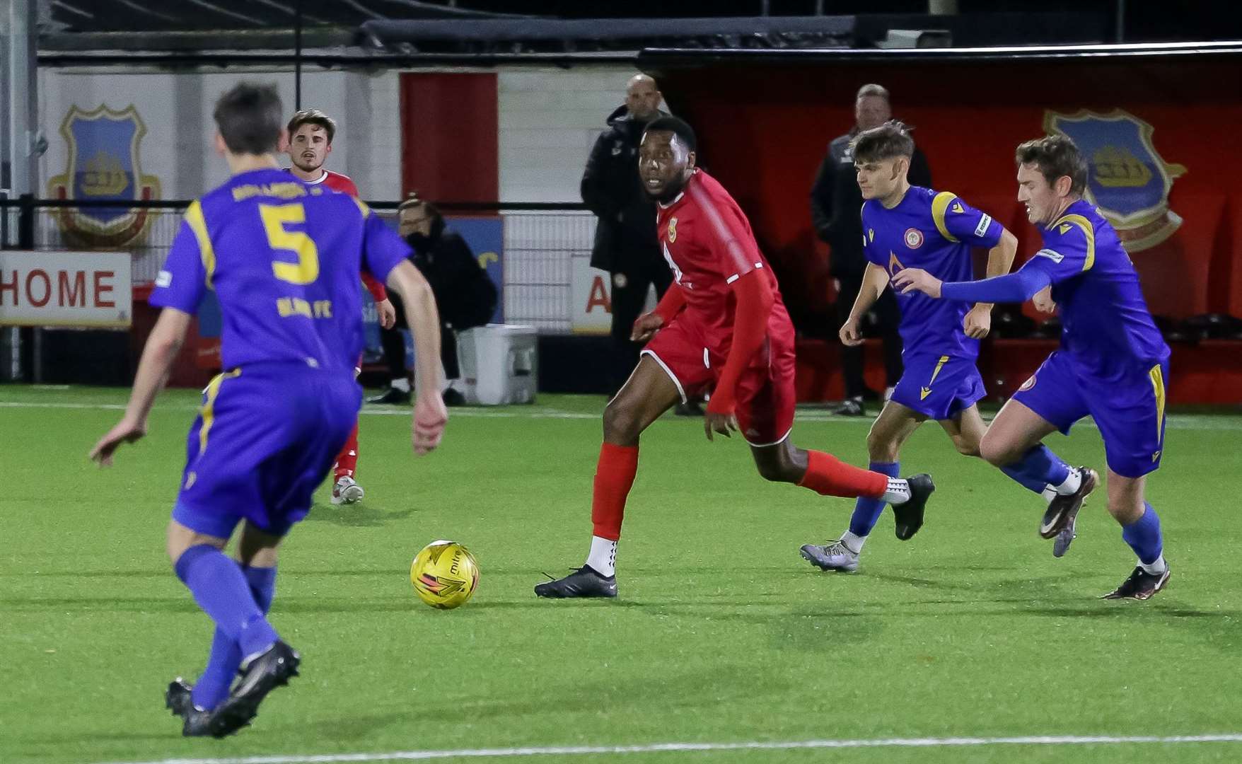 Manny Oloyede spots an opening for Whitstable Town against Hollands & Blair Picture: Les Biggs