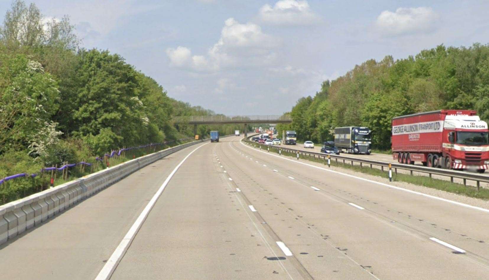 A car on fire between junctions eight and nine of the M20 has caused the closure of one lane. Picture: Google Maps