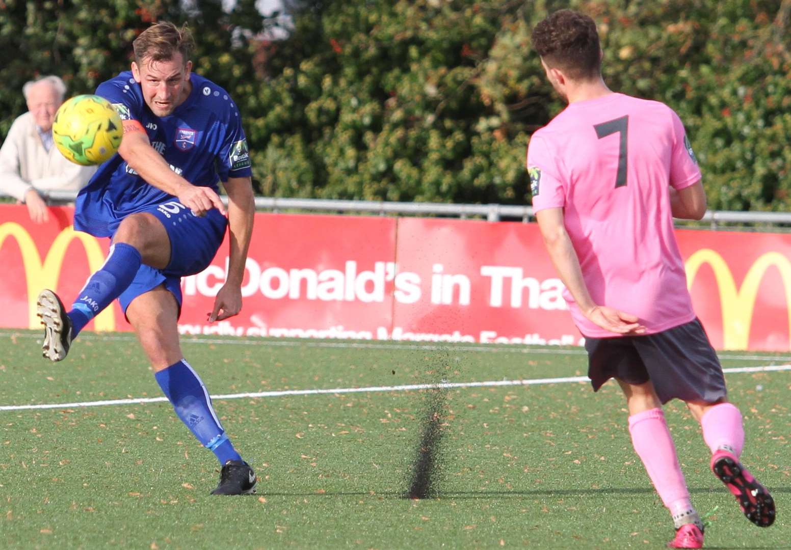 Margate's Liam Friend clears against Enfield Picture: Don Walker